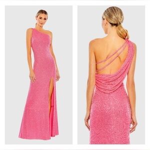 IEENA FOR MAC DUGGAL 26990 NWT Sequined One Shoulder Draped Back Gown